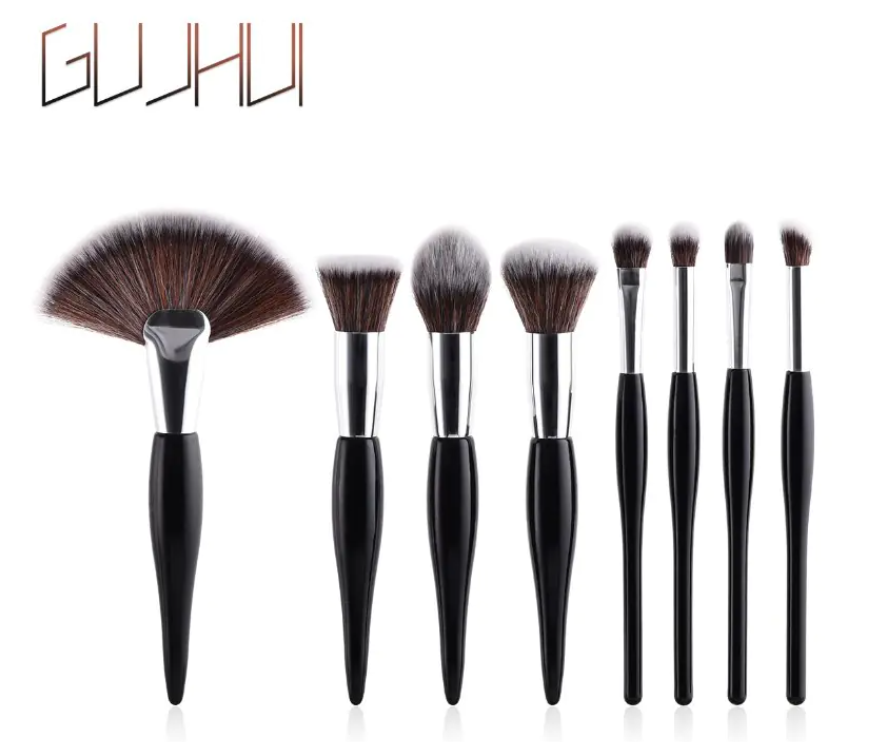 Ensemble de 8 pinceaux de maquillage – Manche noir et tubes argentés | Pinceaux professionnels à poils doux