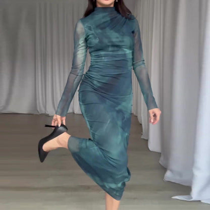 Robe longue moulante pour femme à manches longues tie-dye