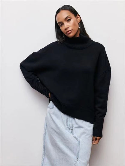 Pull en maille oversize rose vif à col roulé | Pull de fête fuchsia à col montant pour femme