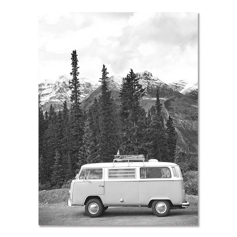 Póster de pared de paisaje costero nórdico moderno en blanco y negro con tema de surf, pintura sin marco
