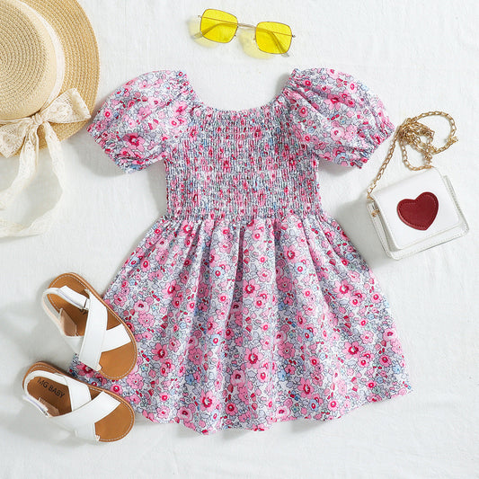 Robe d'été florale à manches bouffantes pour petites filles