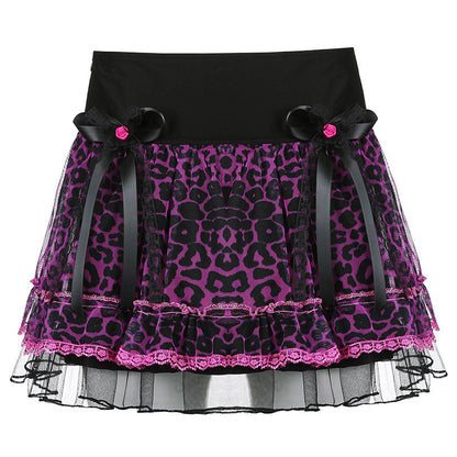 Tight Waist Leopard Print Lace Bow Umbrella Skirt A-Line Skirt Women
