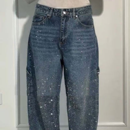 Ins Shiny Straight Jeans With Pockets Fashion Loose Wide-leg Pants For Women Street-style Trousers