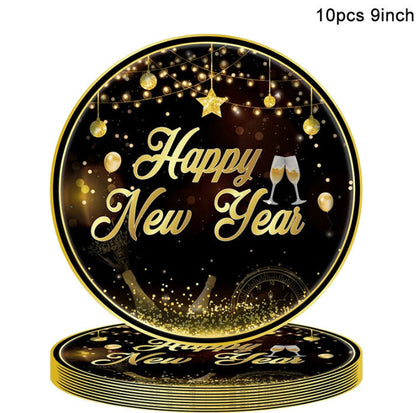 New Year Birthday Party Supplies Decoration Disposable Tableware Hanging Flag Cup Straw Tablecloth