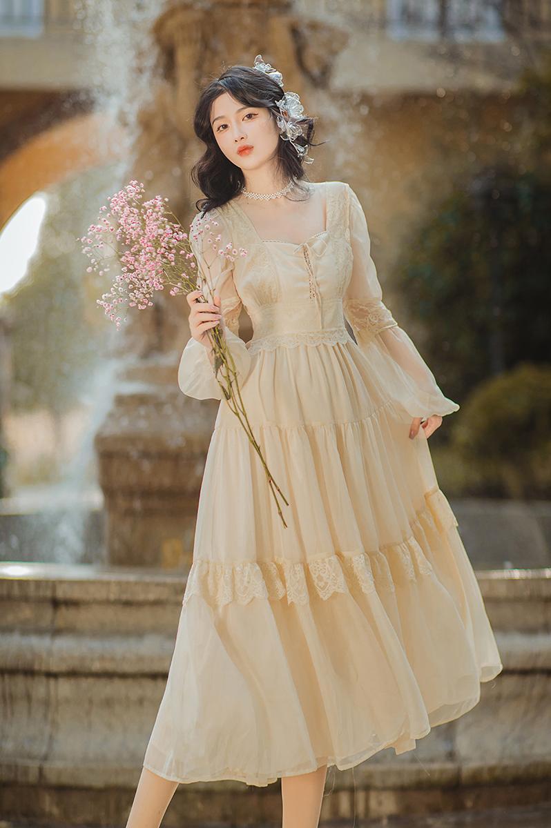 Fille Française Femme Chic Robe Romantique Nœud Bandage Mousseline