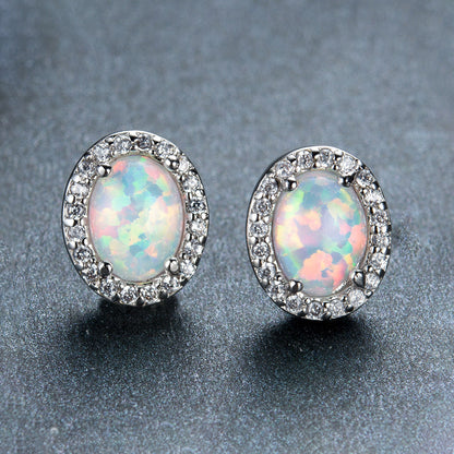 Oval White Opal Edge White Small Diamond Studs