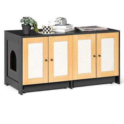 Double Litter Box Enclosure,Cat Litter Box Enclosure For 2 Cats, Hidden Litter Box Furniture With Rattan Doors, 47 L X 19.8 W X 21.8  H,Black