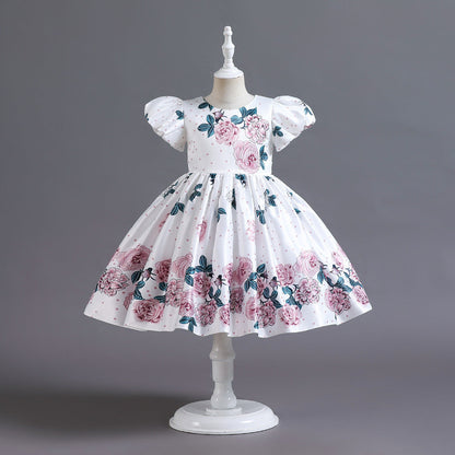 Robe de princesse en satin à manches bouffantes et fleurs pour enfants, style européen et américain