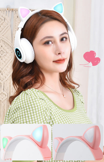 Cartoon Cat Ears 5.0 Bluetooth Headset Luminous Foldable Card Music