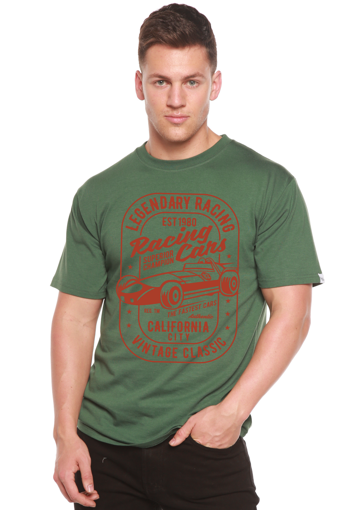 T-shirt à manches courtes en bambou-viscose et coton biologique pour homme avec motif « Voitures de course légendaires »