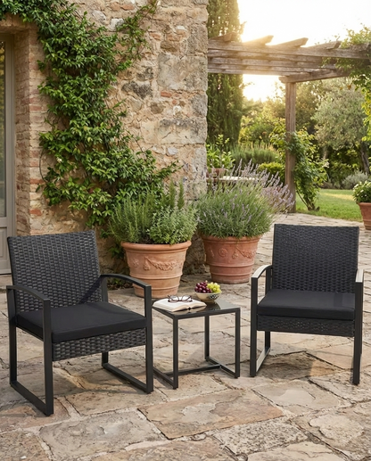 Ensemble de mobilier de jardin 3 pièces – Chaises en osier + table de bar avec coussins