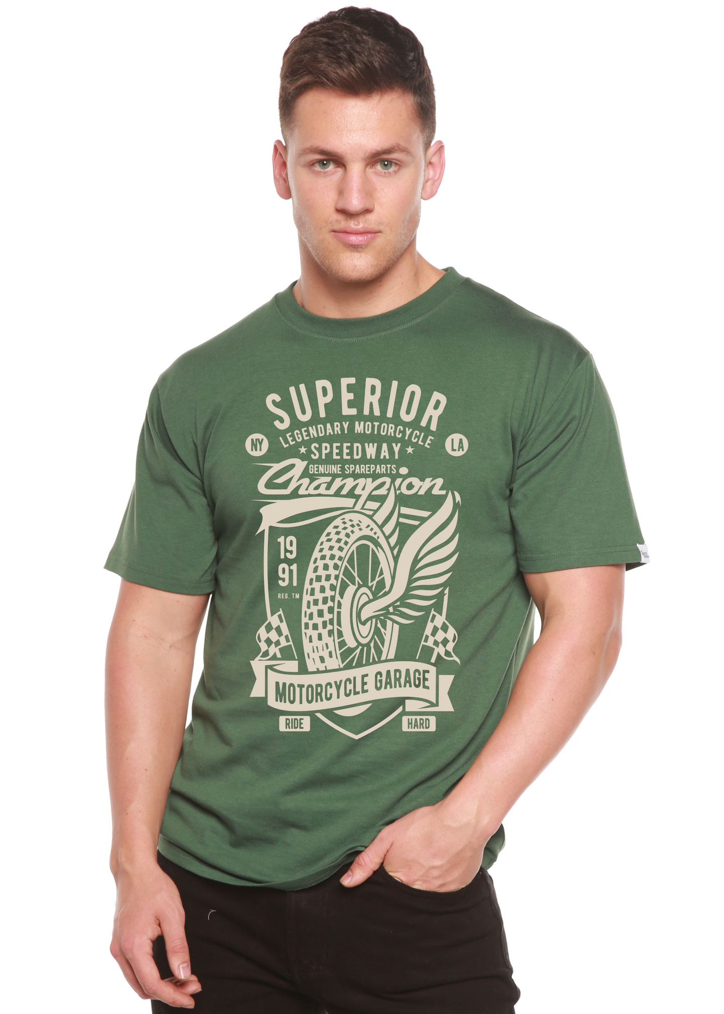 T-shirt graphique à manches courtes en viscose de bambou et coton biologique pour homme Superior Motorcycle Spun Bamboo®