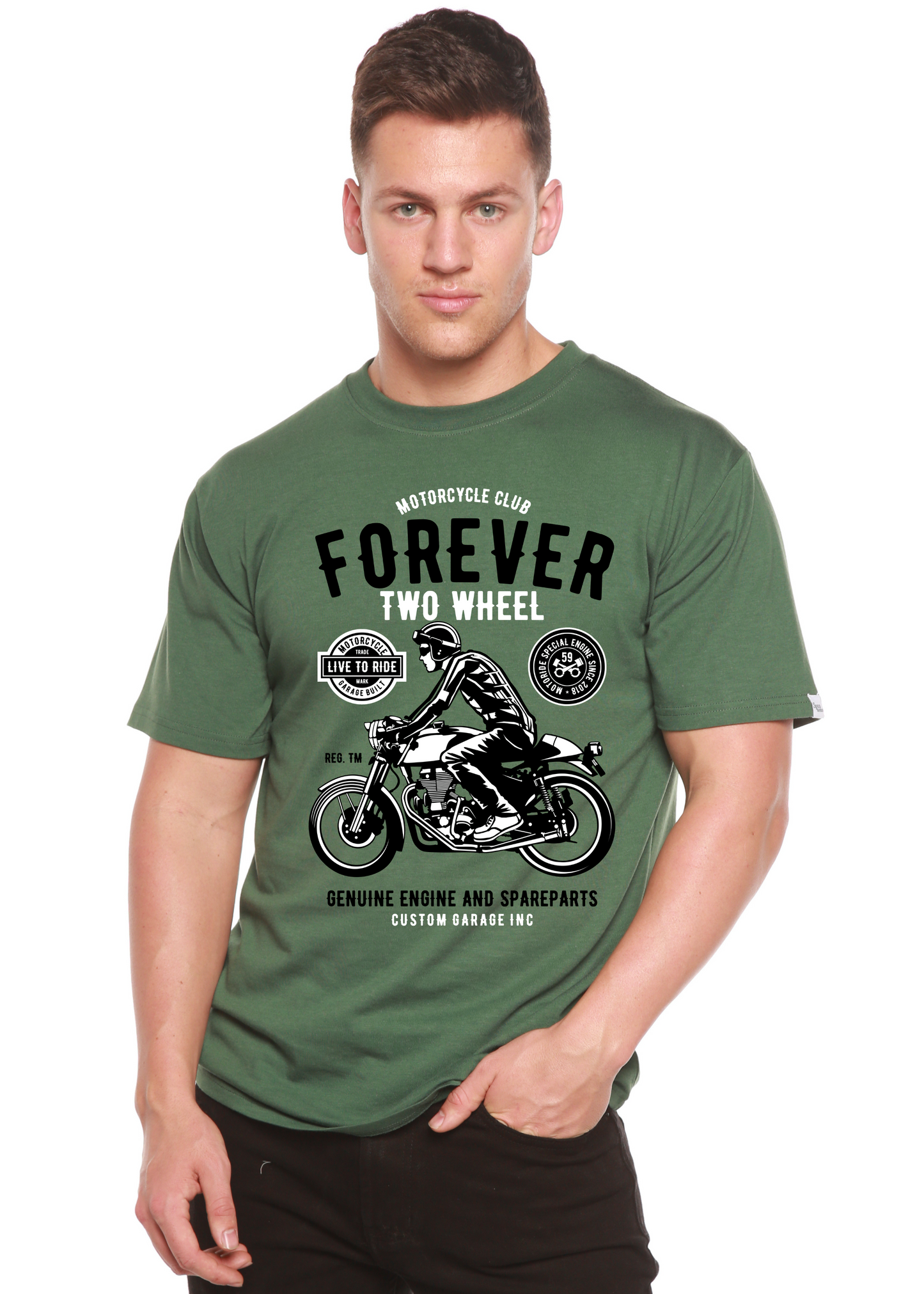 T-shirt graphique Forever Two Wheel à manches courtes en viscose de bambou et coton biologique pour homme