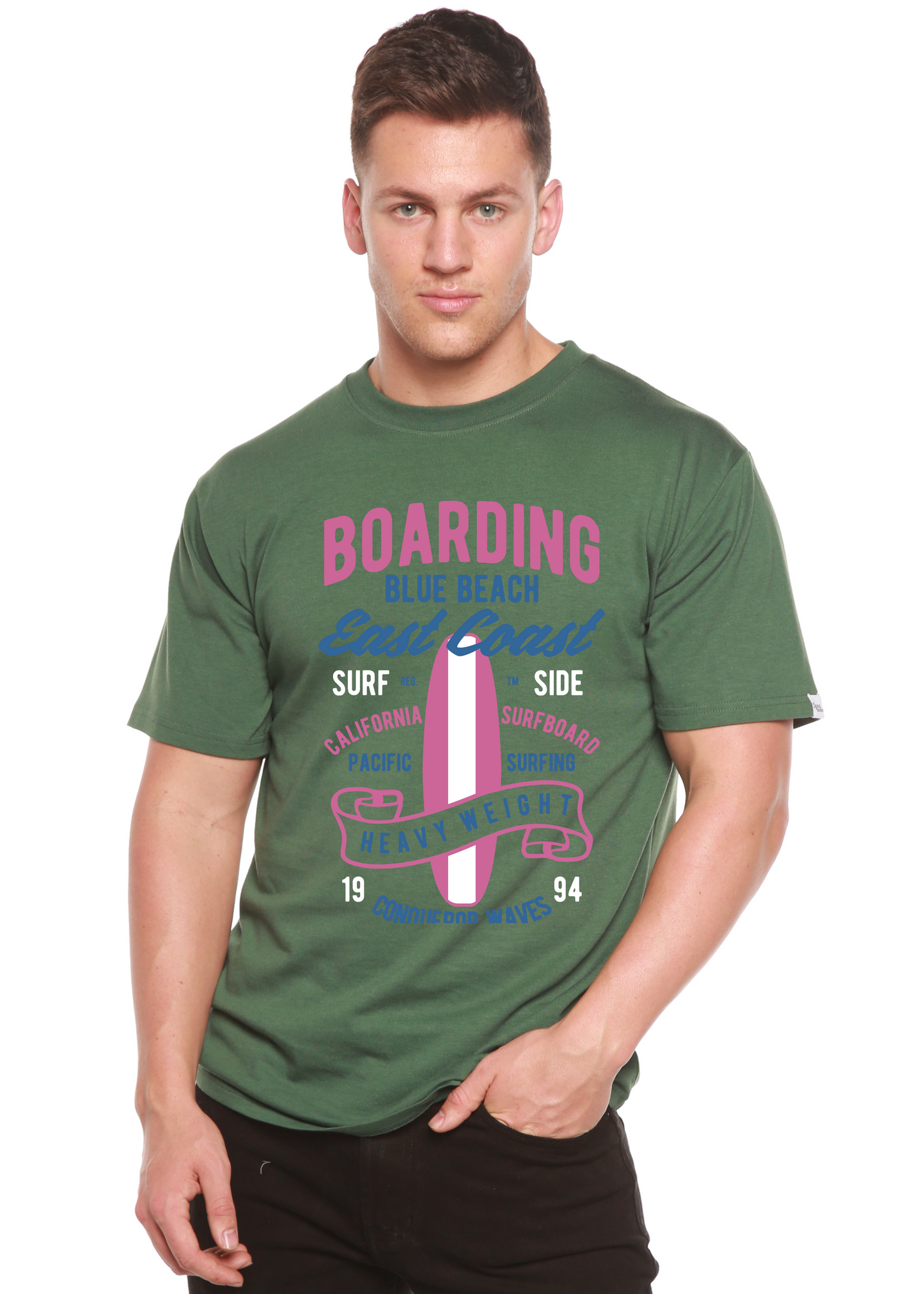 T-shirt graphique à manches courtes en viscose de bambou/coton bio pour homme Boarding Blue Beach