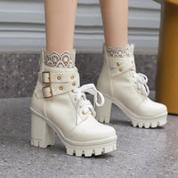 Bottes cheville lacées à talons carrés pour femmes, couleur blanc et noir