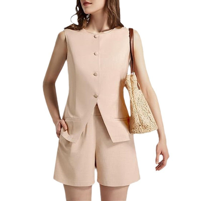 2-piece Sleeveless Round Neck Button High-waisted Trousers Business Work Suits