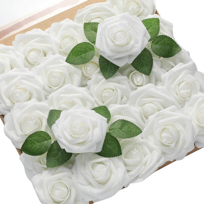 Foam Pe Rose Fake Flower With Rod And Leaf 25 Wedding Decoration Flowers Valentine's Day Gift