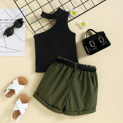 Summer Girl Ins Shoulder Halter Sunken Stripe Top Shorts Suit