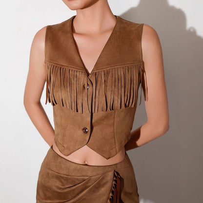 Western Denim Style V-neck Tassel Short Slim Fit Women's Sleeveless Vest Jacket Set