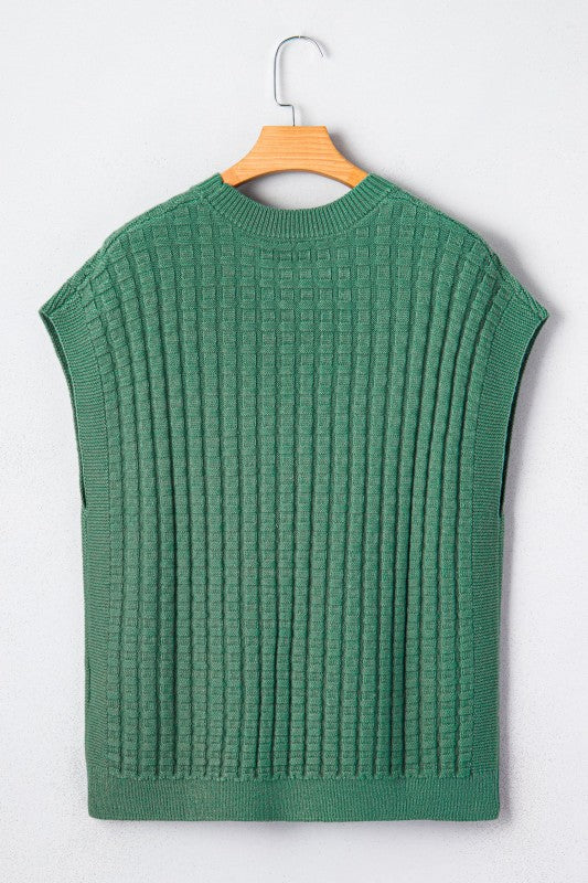 Solid Textured Round Neck Short Sleeve Sweater