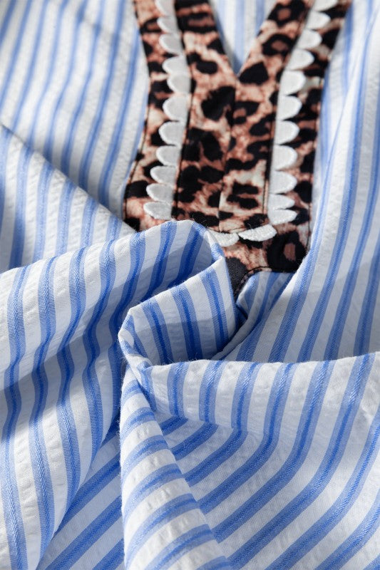Leopard Patchwork Collared Puff Sleeve Blouse