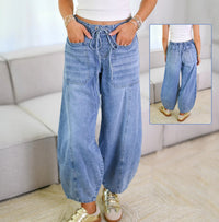 Fashion Lace-up Jeans Pants With Pockets Casual Loose Trousers For Women