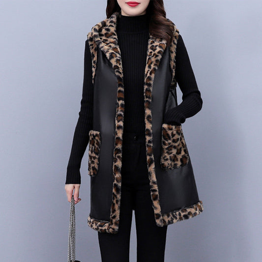 Chaleco de abrigo de peluche de conejo con estampado de leopardo para mujer de talla grande