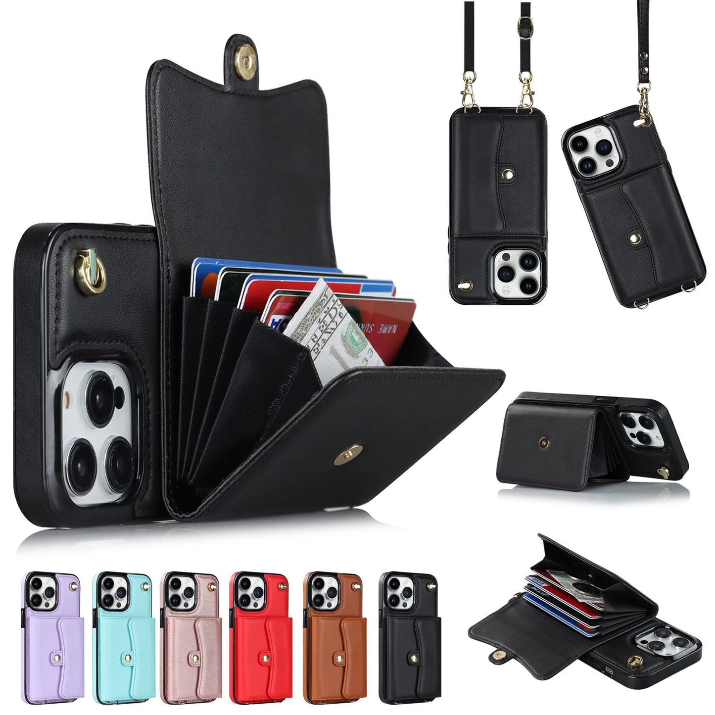Crossbody Lanyard Card Holder iPhone Case – Lambskin Wallet Cover with Bracket | iPhone 7–15