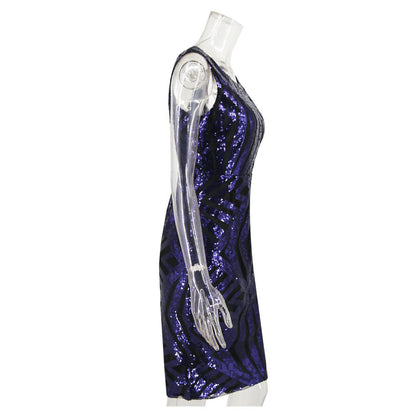 Round Neck Back V-neck Women's Sequin Dress