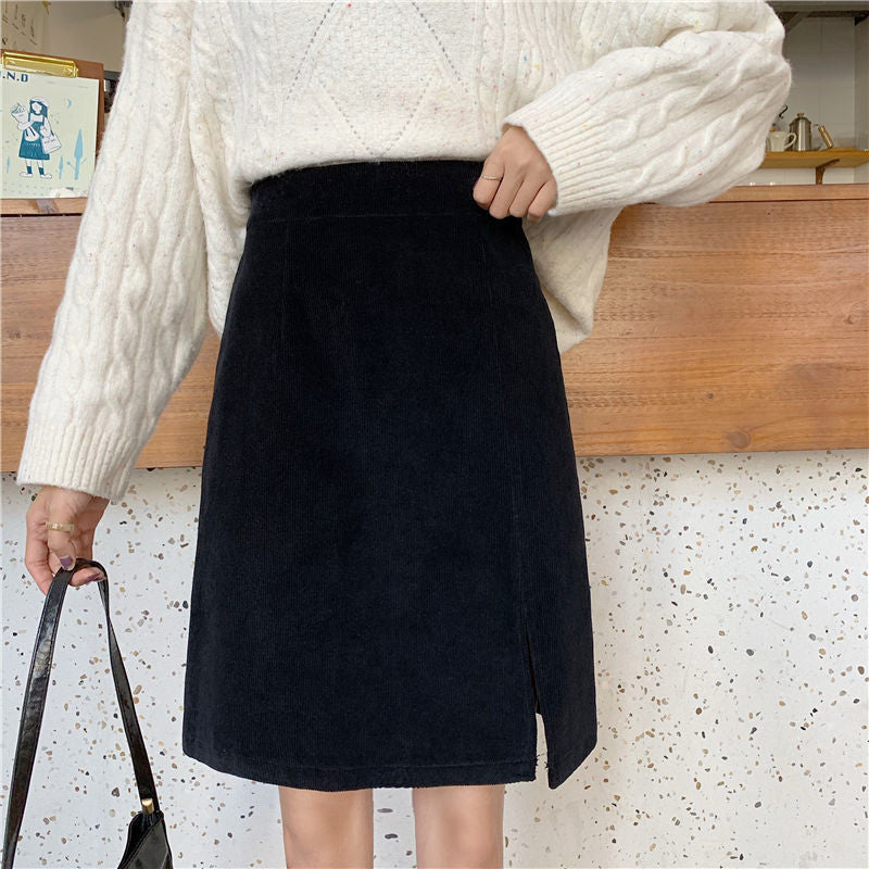 Plus Size Corduroy Skirt With High Waist Slits