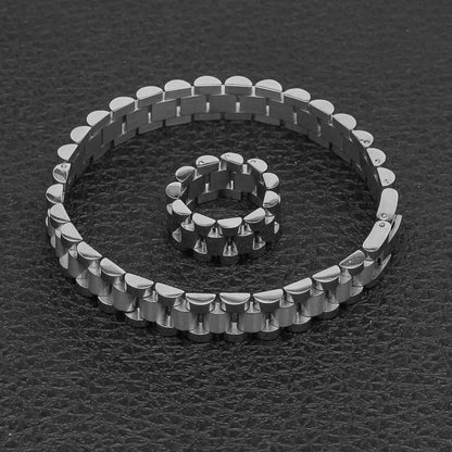 10mm Wristband Link Bracelet And 10mm 8-12 Adjustable Size Ring Stainless Steel Silver Gold Color Bracelets/Rings Set