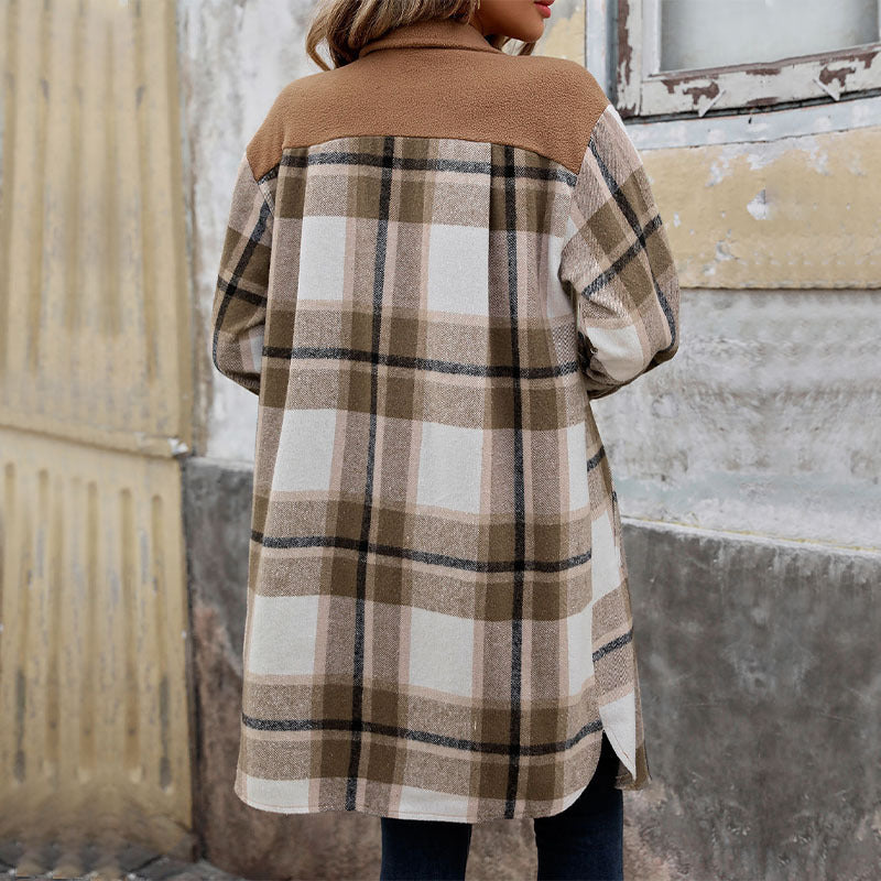 Nuevo Abrigo Largo de Cuadros Cepillado con Bolsillos Chaqueta de Invierno de Moda Ropa de Abrigo para Mujer