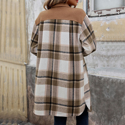Nuevo Abrigo Largo de Cuadros Cepillado con Bolsillos Chaqueta de Invierno de Moda Ropa de Abrigo para Mujer