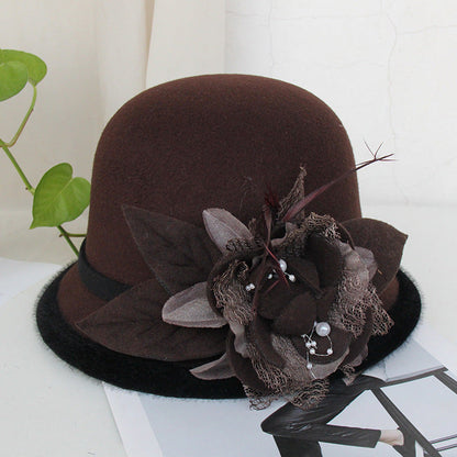 Black Brim Woolen British Feather Flower Top Hat