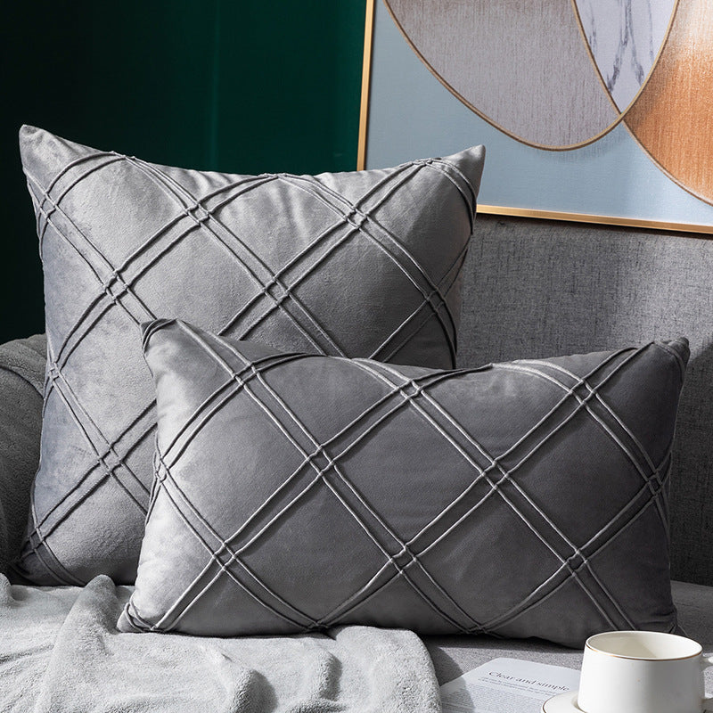 Taie d'oreiller en velours de couleur unie à carreaux, pour canapé, chevet, coussin en peluche courte