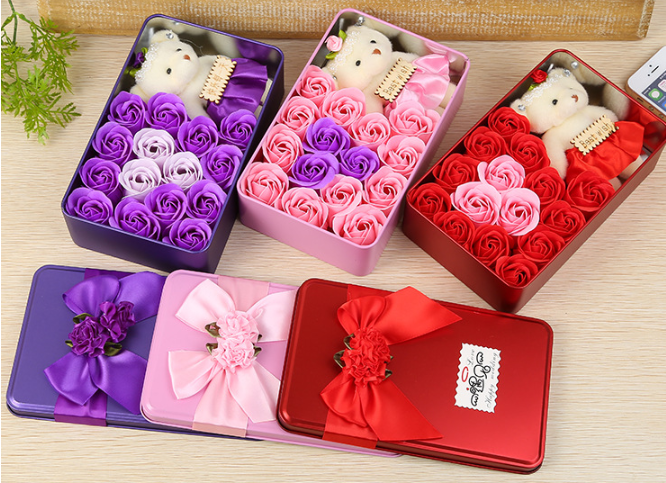 Fleur de Savon Rose, Coffret Cadeau Fleur, Cadeau Saint-Valentin pour Petite Amie, Très Grand Carré