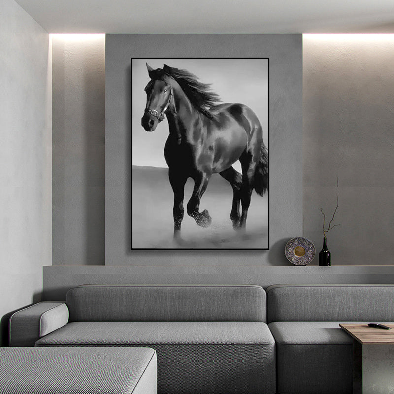 Toile murale décorative cheval noir, salon, décoration intérieure
