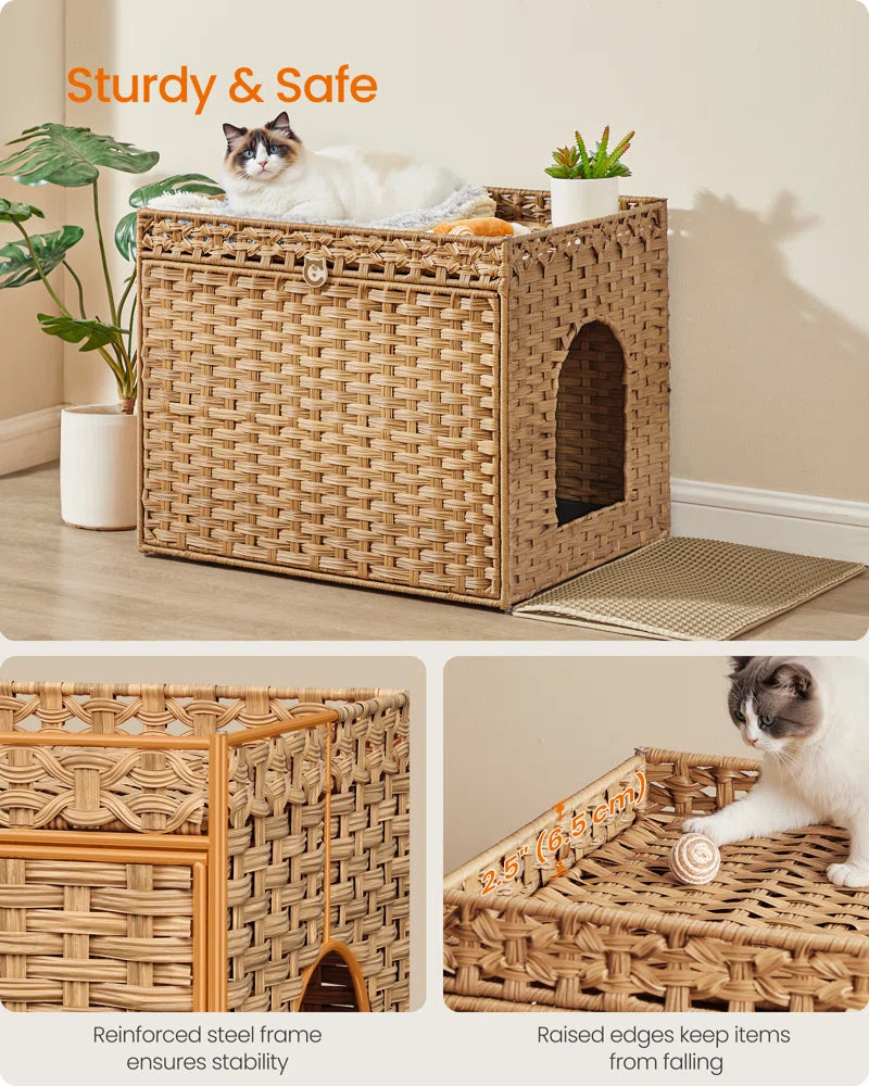 Handwoven Rattan Cat Litter Box Cabinet — Boho Woven Furniture with Washable Tray
