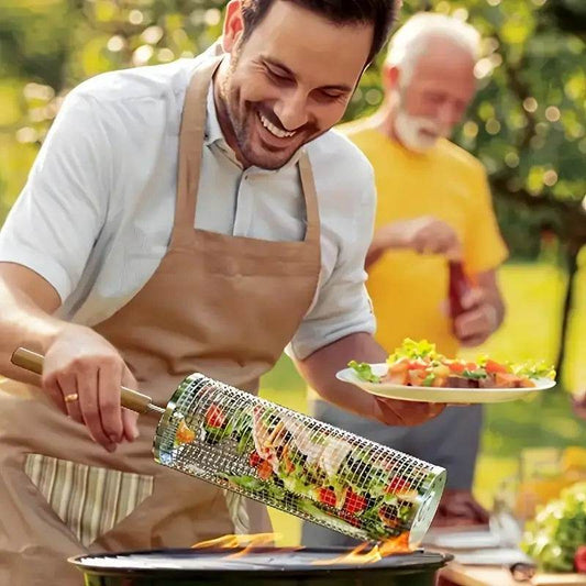Stainless Steel BBQ Grill Basket with Wood Handle – Non-Stick Rolling Grilling Cage for Vegetables & Meat – Outdoor Camping & BBQ Accessories