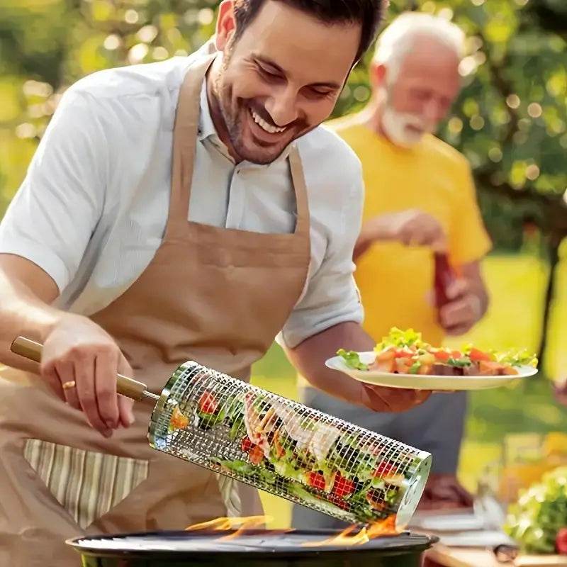 Stainless Steel BBQ Grill Basket with Wood Handle – Non-Stick Rolling Grilling Cage for Vegetables & Meat – Outdoor Camping & BBQ Accessories