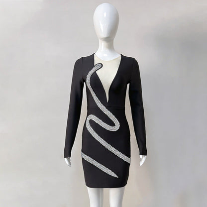 Black Diamond-encrusted Long-sleeved Slim Girl Bandage Skirt Dress