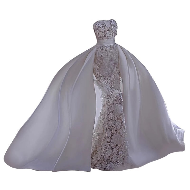 Robe de mariée sirène traîne en satin, haut bustier en dentelle, style français
