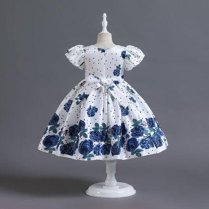 Robe de princesse en satin à manches bouffantes et fleurs pour enfants, style européen et américain
