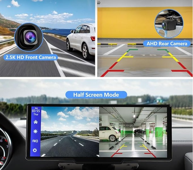 Carplay sans fil portable avec caméra 2,5K, caméra arrière 1080P, écran tactile ultra HD Android Auto 9,3 pouces pour enregistrement en boucle de DVR de voiture, navigation GPS Bluetooth avec système radio FM