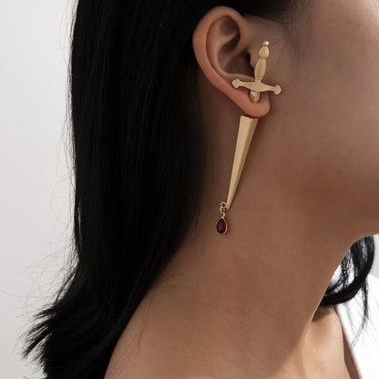 Long Sword Hilt Earrings Red Drop Cross Earrings
