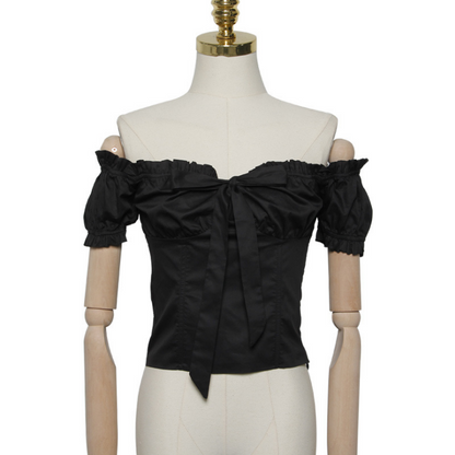 Women's Bowknot Collar Off-Shoulder Short Sleeve Shirt – Flirty & Chic