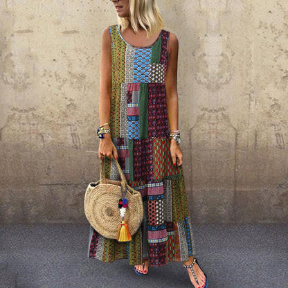 National style printed sleeveless plus size midi skirt