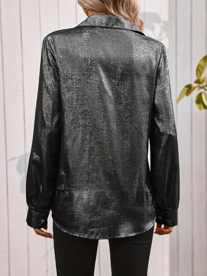 Satin Minimalist Long Sleeved V-Neck Button Pocket Daily Shirt - Women's Casual Top