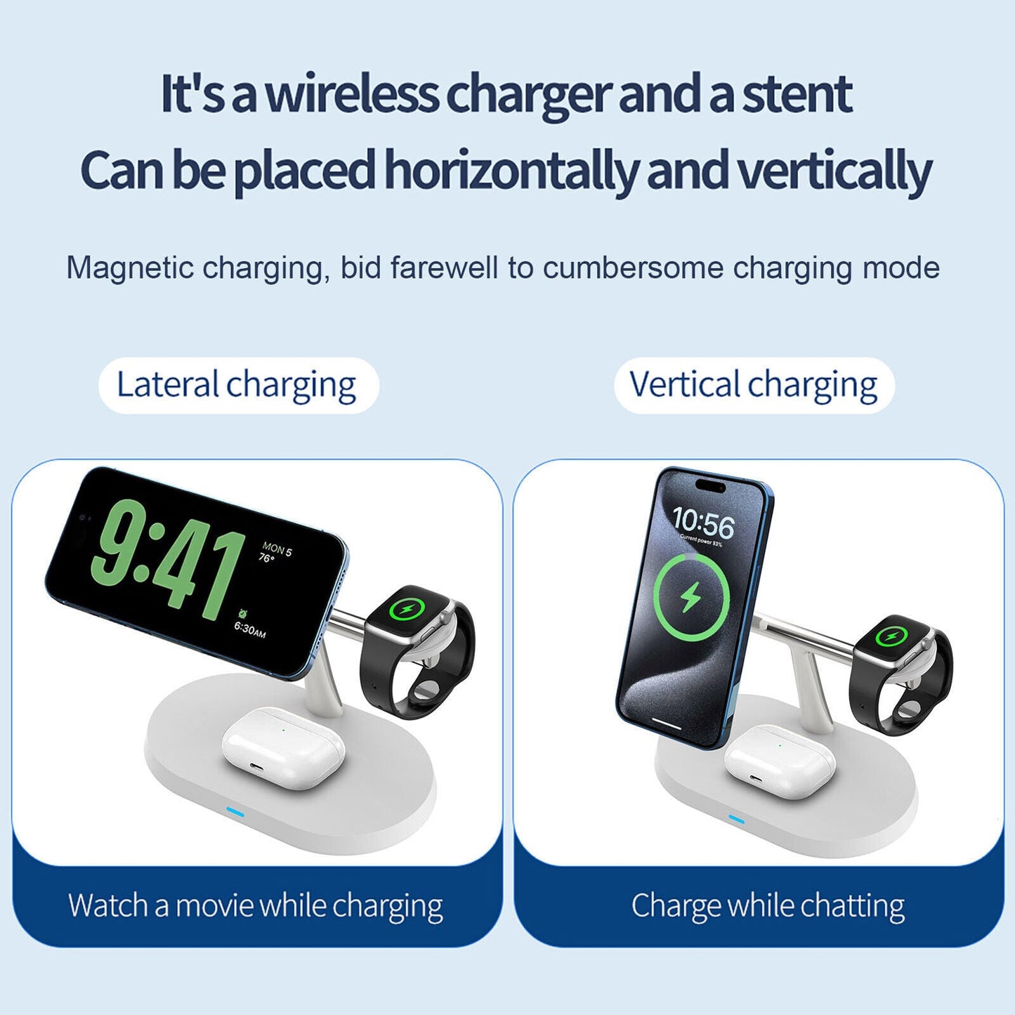 3-in-1 Magnetic Wireless Charger Stand for iPhone, Apple Watch & AirPods – 15W Fast Charging