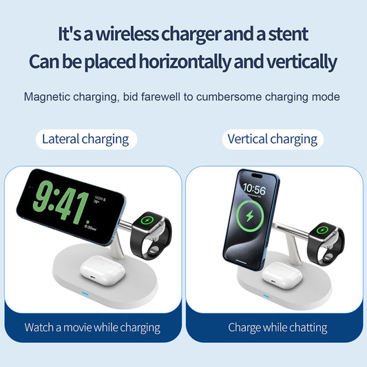 3-in-1 Magnetic Wireless Charger Stand for iPhone, Apple Watch & AirPods – 15W Fast Charging